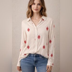 Chico's Beige and Red Embroidered Button Down Shirt